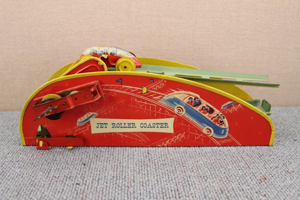 1950's Wolverine Clockwork Jet Roller Coaster: One of the coolest pieces! Steel litho. Wind up works and flips the car back up on the track.12 inches long without track extended.