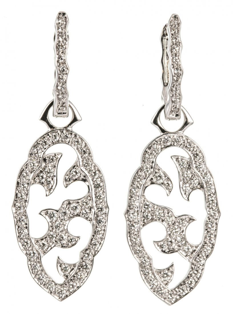 STEPHEN WEBSTER: STEPHEN WEBSTER - a pair of 18ct gold diamond Borneo ear pendants of openwork design, each cartouche shape panel set throughout with brilliant cut diamonds, suspended from a similarly set removable su
