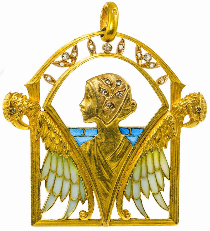 MASRIERA: An 18ct gold enamel "plique a jour" and diamond modernist pendant signed MASRIERA AND BROTHERS, Circa 1911. Weight: 19.7g. Measures: 4.9x4.5cm On view 2nd - 18th December 2014
