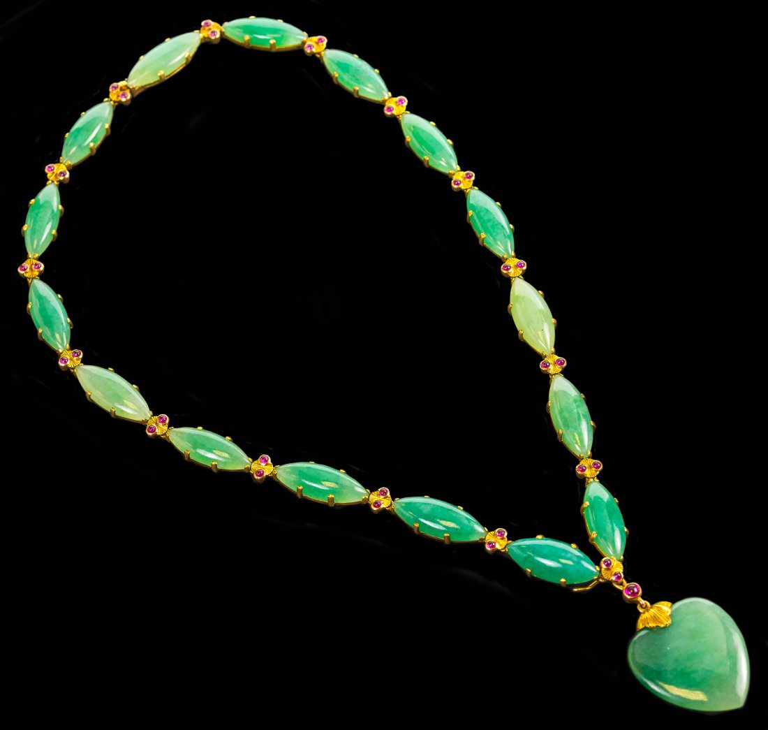 BUCCELLATI: A gold, ruby and jadeite necklace by Buccellati, signed Buccllati Italy, length 41.5cm.
