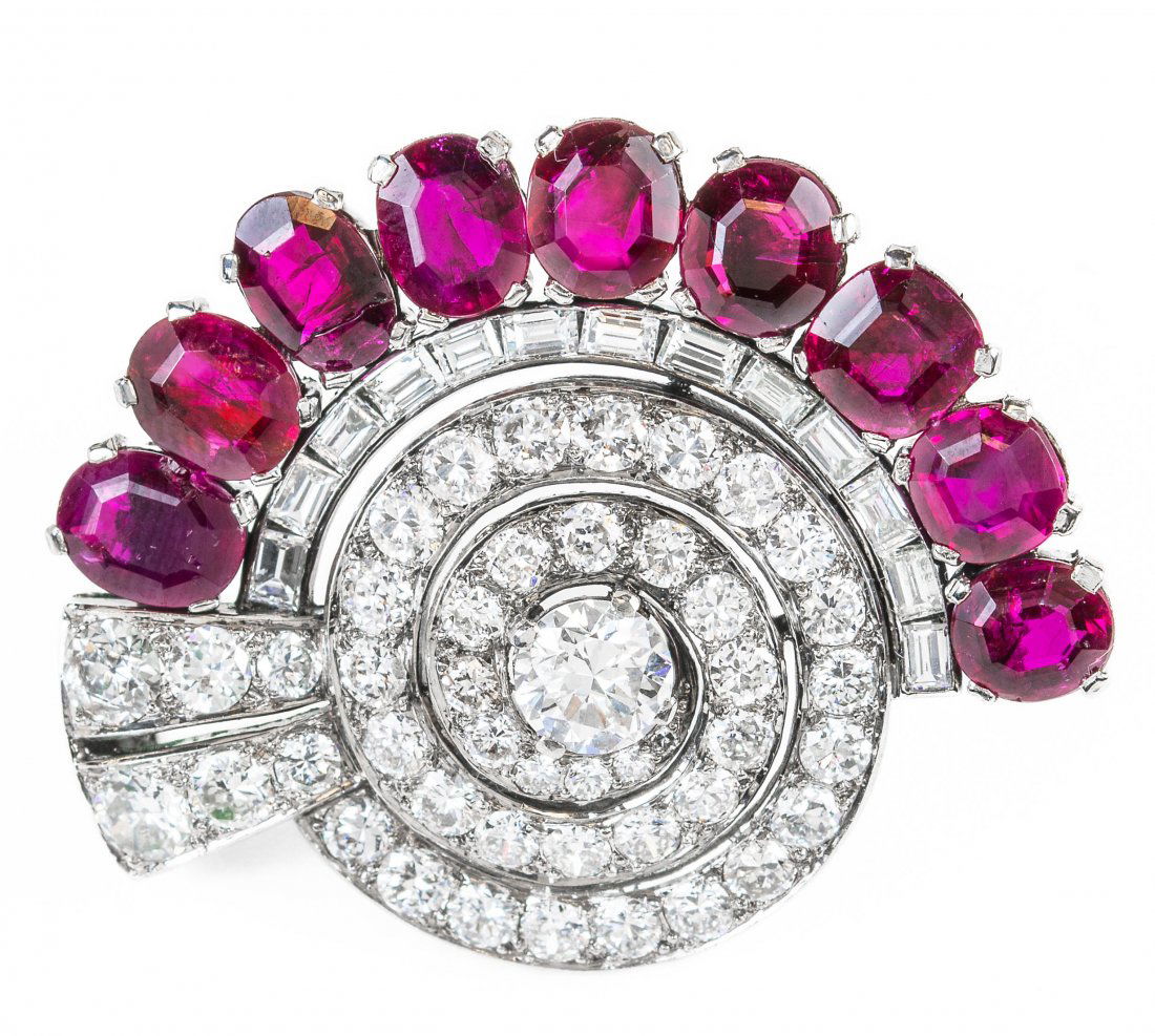 AN ART DECO UN-HEATED BURMA RUBY AND DIAMOND BROOCH (1 of 3)