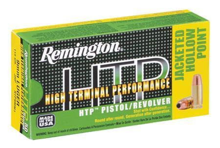 AMMO Remington HTP 9mm 115GR Jacketed Hollow Point 500: Mfr Items:Remington Ammunition Category:CENTERFIRE HANDGUN ROUNDS Caliber:9mm Bullet Type:Jacketed Hollow Point Bullet Weight:115 GR Muzzle Energy:399 ft lbs Muzzle Velocity:1250 fps Rounds Per Box:50