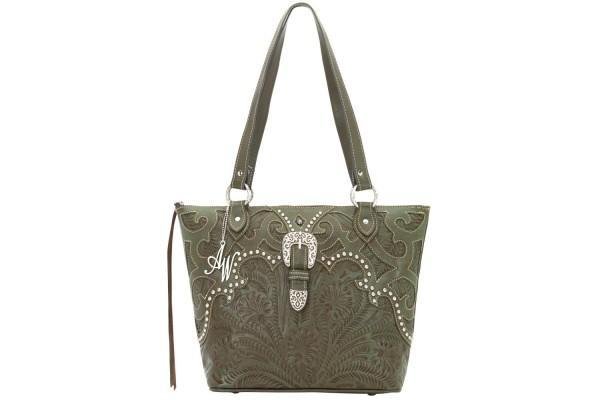 *NEW* American West Mystic River Zip-Top Bucket Tote: Hand Tooled Vegetable Tanned Leather Scroll buckle set on a flap with magnetic closure Dual carry handles Back slip pocket Inside zipper compartment and two pouches Silver signature keepsake Dimension