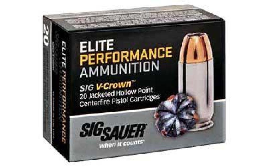 10 BOXES = 1 CASE!! SIG AMMO 9MM 124GR JHP 20/200: Product Specifications UPC Code: 798681458202 Manufacturer: Sig Sauer Model: Elite Model: V-Crown Caliber: 9MM Grain Weight: 124Gr Type: Jacketed Hollow Point Units per Box: 20 Units per Case: 200 Man