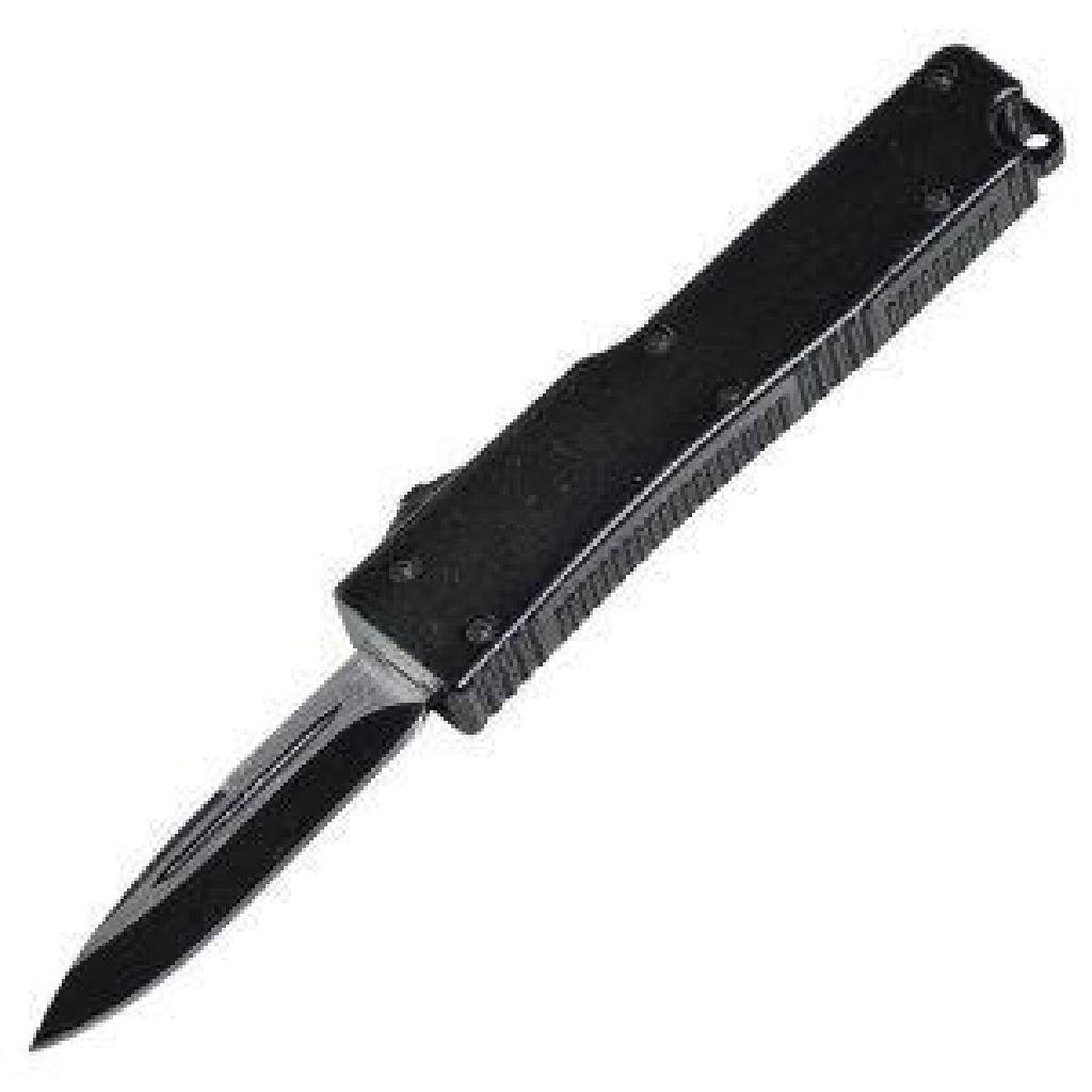 (NEW) Mini OTF Automatic, Black Handle, Plain: Features Blade length: 1.90 in. Overall length: 5.25 in. Blade material: 440 stainless steel Handle material: aluminum