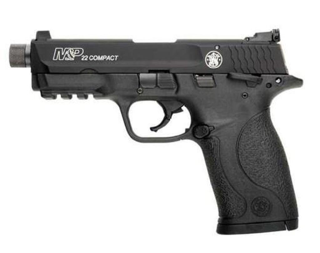 NEW!!! SMITH AND WESSON M&P22 COMPACT SUPPRESSOR READY: FAMILY:M&P Series MODEL:M&P22 Compact Suppressor Ready TYPE:Semi-Auto Pistol ACTION:Single Action FINISH:Black STOCK/FRAME:Polymer Frame STOCK/GRIPS:Black Polymer CALIBER/GAUGE:22 LR CAPACITY:10+1 # O