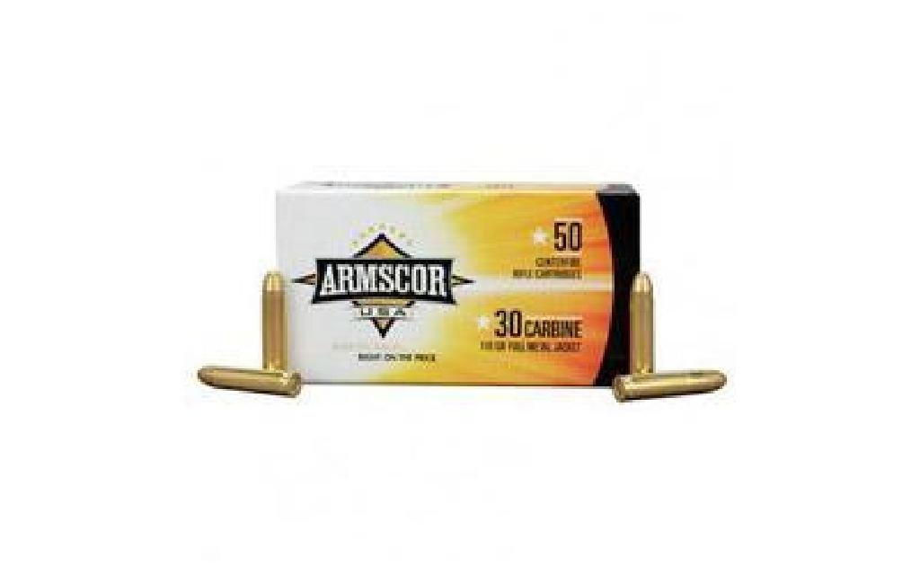 (AMMO) ARMSCOR 30CARB 110GR FMJ (500 ROUNDS): UPC Code: 812285020112 Manufacturer: Armscor Model: Ammo Caliber: 30 Carbine Grain Weight: 110Gr Type: Full Metal Jacket Units per Box: 50 Units per Case: 1000 Manufacturer Part #: FAC30C-1N