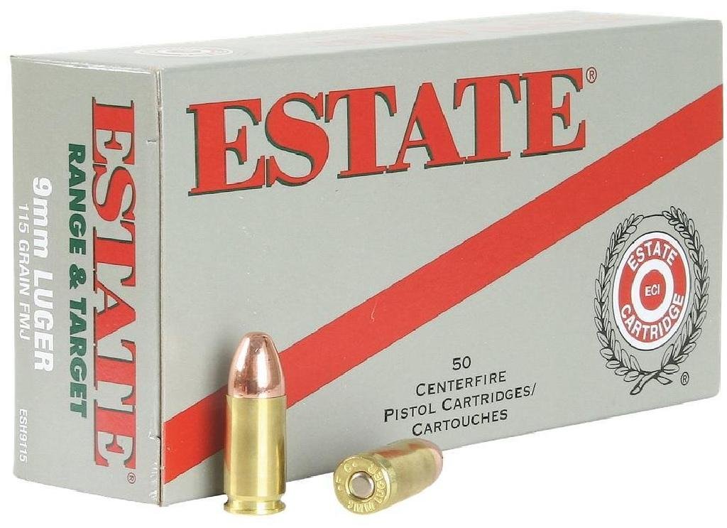 *AMMO* Estate ESH9115 Range 9mm Full Metal Jacket 115GR: Mfr Items:Estate Category:CENTERFIRE HANDGUN ROUNDS Caliber:9mm Bullet Type:Full Metal Jacket Bullet Weight:115 GR Muzzle Energy:338 ft lbs Muzzle Velocity:1150 fps Rounds Per Box:50 Application:Targe