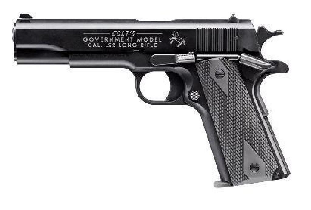 (NEW) WALTHER ARMS COLT GOVERNMENT 1911 A1 22 LR: FAMILY:1911 Style Pistol Series MODEL:Colt Government 1911 A1 TYPE:Semi-Auto Pistol ACTION:Single Action FINISH:Matte STOCK/GRIPS:Black Rubber CALIBER/GAUGE:22 LR CAPACITY:12+1 BARREL:5" OVERALL LENGT
