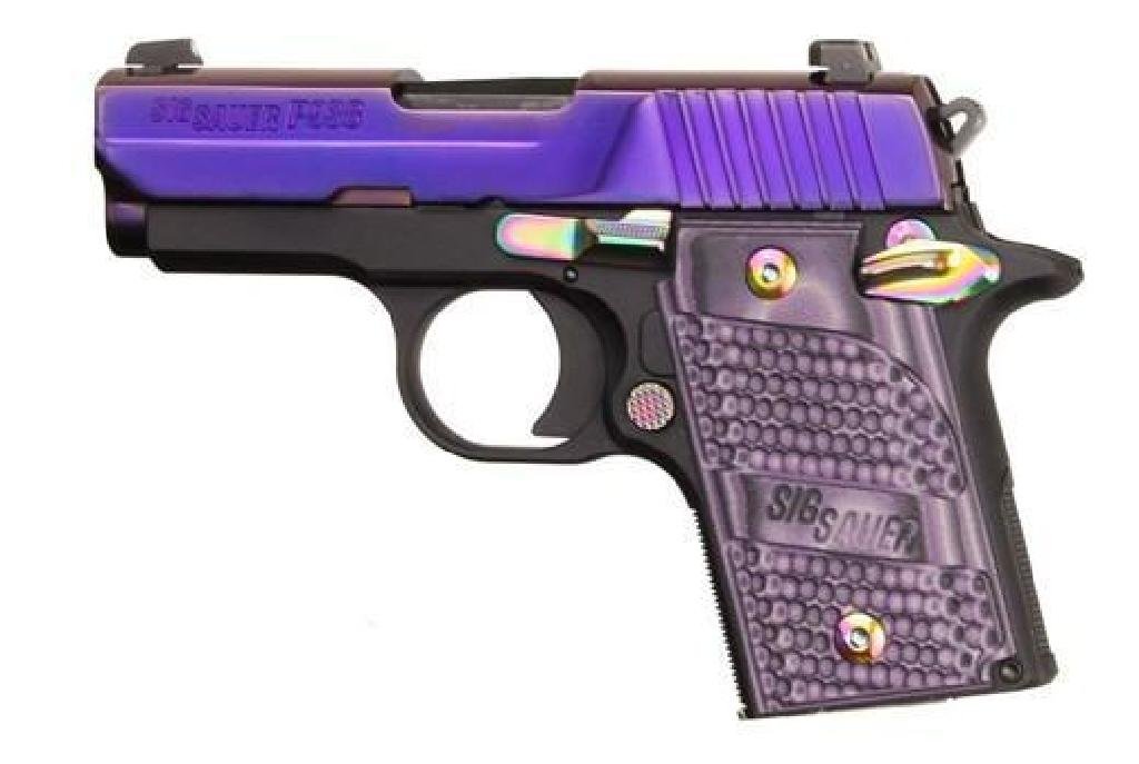 _NEW* SIG SAUER P938 PSP 9MM 798681512249: FAMILY:P938 Series MODEL:P938 PSP TYPE:Semi-Auto Pistol ACTION:Single Action FINISH:Purple PVD STOCK/FRAME:Alloy Frame STOCK/GRIPS:Purple Lava G10 Piranha CALIBER/GAUGE:9mm CAPACITY:6+1 # OF MAGS:1 MA