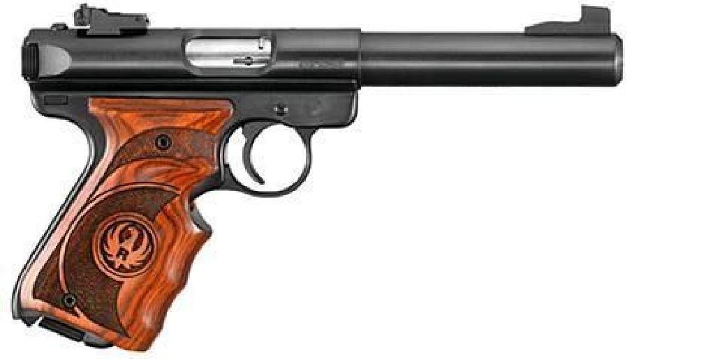 _NEW* RUGER MARK III 22 LR 736676101597: FAMILY:Mark III Series MODEL:Mark III TYPE:Semi-Auto Pistol ACTION:Single Action FINISH:Blue STOCK/FRAME:Wood Stock STOCK/GRIPS:Walnut CALIBER/GAUGE:22 LR CAPACITY:10+1 # OF MAGS:2 MAGAZINE DESC:Two 1