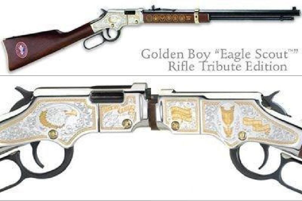 _NEW!_ HENRY REPEATING ARMS GOLDENBOY EAGLE SCOUT: FAMILY:Golden Boy MODEL:Goldenboy Eagle Scout Edition TYPE:Rifle ACTION:Lever Action FINISH:Blue STOCK/FRAME:Wood Stock STOCK/GRIPS:Wood CALIBER/GAUGE:22 LR CAPACITY:16+1 BARREL:20" OVERALL LENGTH:38.