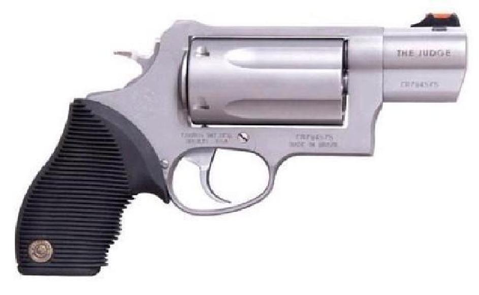 *NEW* TAURUS Judge Tracker Public Defender 410/45LC: Mfr Items:Taurus Category:REVOLVERS Action:Single/Double Caliber:410/45 Colt (LC) Barrel Length:2.5" Capacity:5 Hammer Style:Spurred Grips:Black Ribber Sights:Fiber Optic Weight:28.2 oz