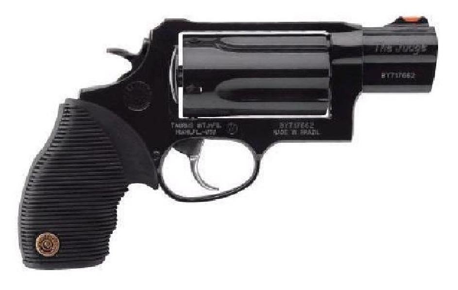 *NEW* TAURUS Judge Tracker Public Defender 410/45LC: Mfr Items:Taurus Category:REVOLVERS Action:Single/Double Caliber:410/45 Colt (LC) Barrel Length:2.5" Capacity:5 Hammer Style:Spurred Grips:Black Ribber Sights:Fiber Optic Weight:28.2 oz