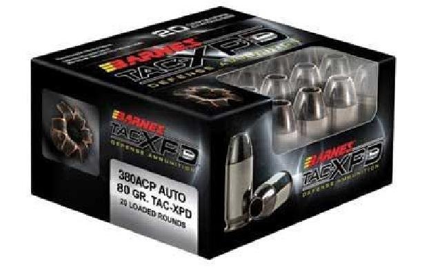 *AMMO* BARNES TAC-XPD 380ACP 80GR HP (200 ROUNDS): Mfr Items:Barnes Bullets Category:CENTERFIRE HANDGUN ROUNDS Caliber:380 Automatic Colt Pistol (ACP) Bullet Type:Barnes TAC-XP Bullet Weight:80 GR Muzzle Energy:174 ft lbs Muzzle Velocity:990 fps Round