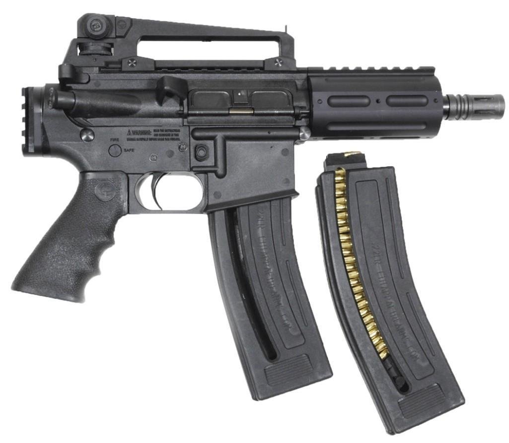 *NEW* Chiappa MFour-22 Semi Auto Pistol 22LR 6" 28+1: Mfr Items:Chiappa MKS Category:SPECIALTY Type:AR Pistol Action:Semi-Automatic Caliber:22 Long Rifle Barrel Length:6.0" Capacity:28+1 Safety:Lever Grips:Black Polymer Sights:Adjustable Weight:3.96 lbs 