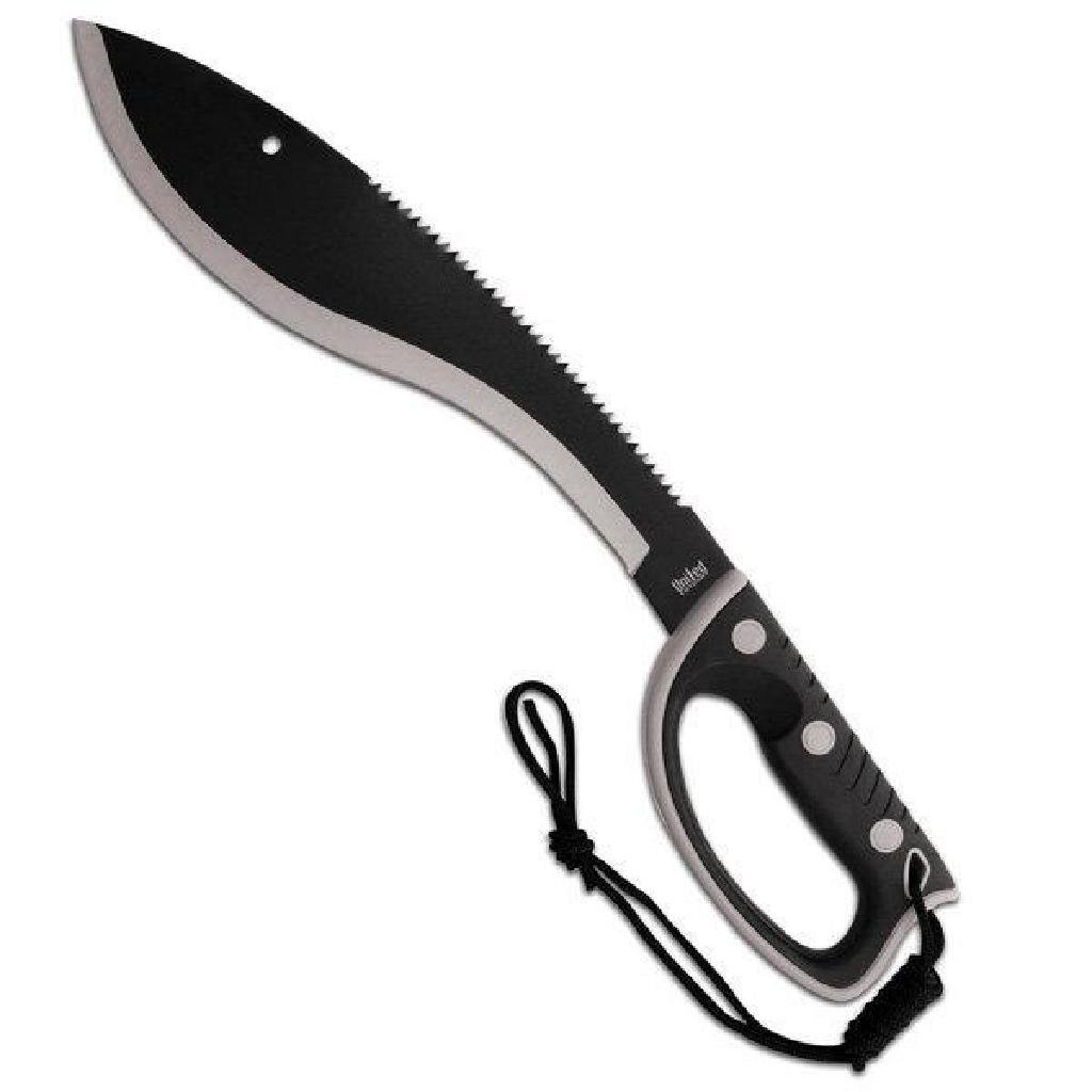 *NEW* United Cutlery Kukri Machete w/Nylon Sheath: 14.75 in. blade, 21.00 in. overall length. Injection-molded handle offers a firm grip wet or dry. Looped cord wrist lanyard ensures it won't stray far. Includes molded black nylon, belt loop sheath. F