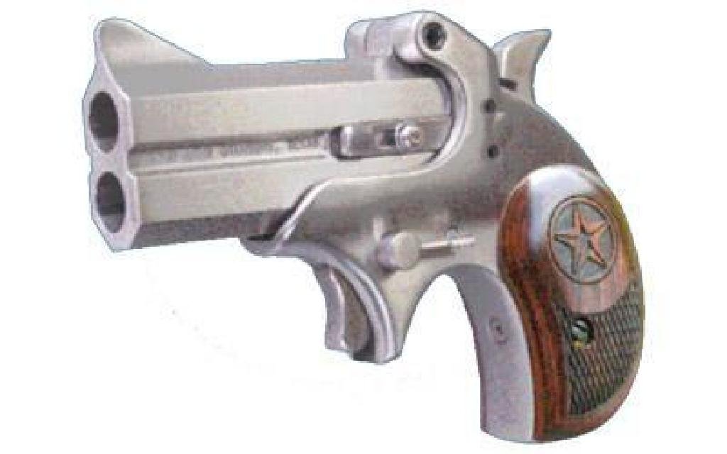 _NEW!_ BOND COWBOY DEFENDER WO/TG 22MAG 3" 855959002113: UPC Code: 855959002113 Manufacturer: Bond Arms Model: Cowboy Defender Action: Derringer Caliber: 22WMR Barrel Length: 3" Frame/Material: Steel Finish/Color: Stainless Grips/Stock: Rosewood Capacity: 2