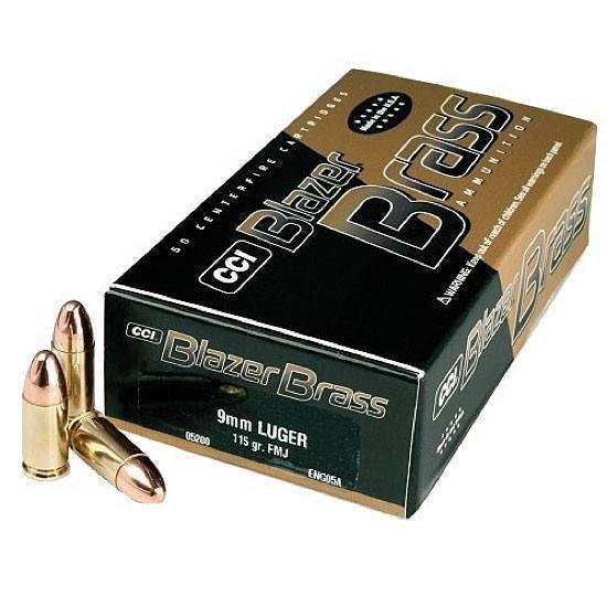 *AMMO* CCI 5201 Blazer Brass 9mm Full Metal Jacket: (500 ROUNDS) Mfr Items:CCI Category:CENTERFIRE HANDGUN ROUNDSCaliber:9mm Bullet Type:Full Metal Jacket Round Nose Bullet Weight:124 GR Muzzle Energy:327 ft lbs Muzzle Velocity:1090 fps Rounds Per Box: