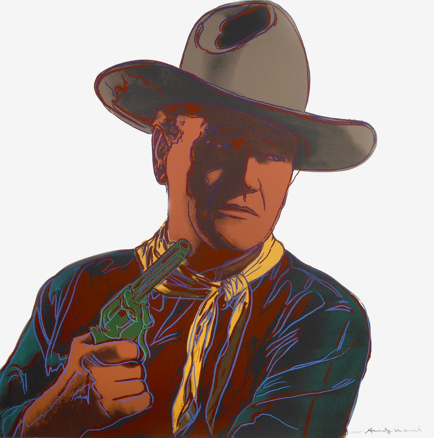Andy Warhol: John Wayne: 1986: John Wayne (F./S. II. 377), 1986, Unique screenprint in colors on Lenox Museum Board, signed in pencil and annotated 'UNIQUE', with the inkstamp of the publisher on verso & also numbered 19/250, Gault