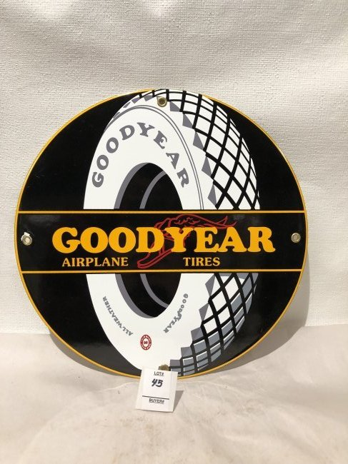 Aviation Goodyear Round Airplane Tires Sign: Vintage Aviation Goodyear Round Airplane Tires Sign. Approximately 11 ¾” in diameter.