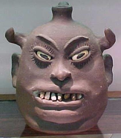 L805 - RARE LANIER MEADERS JUG UNUSUAL WITH HORNS: RARE LANIER MEADOWS JUG, MADE FOR VERLON WEBB 1973, VERY UNUSUAL WITH HORNS.