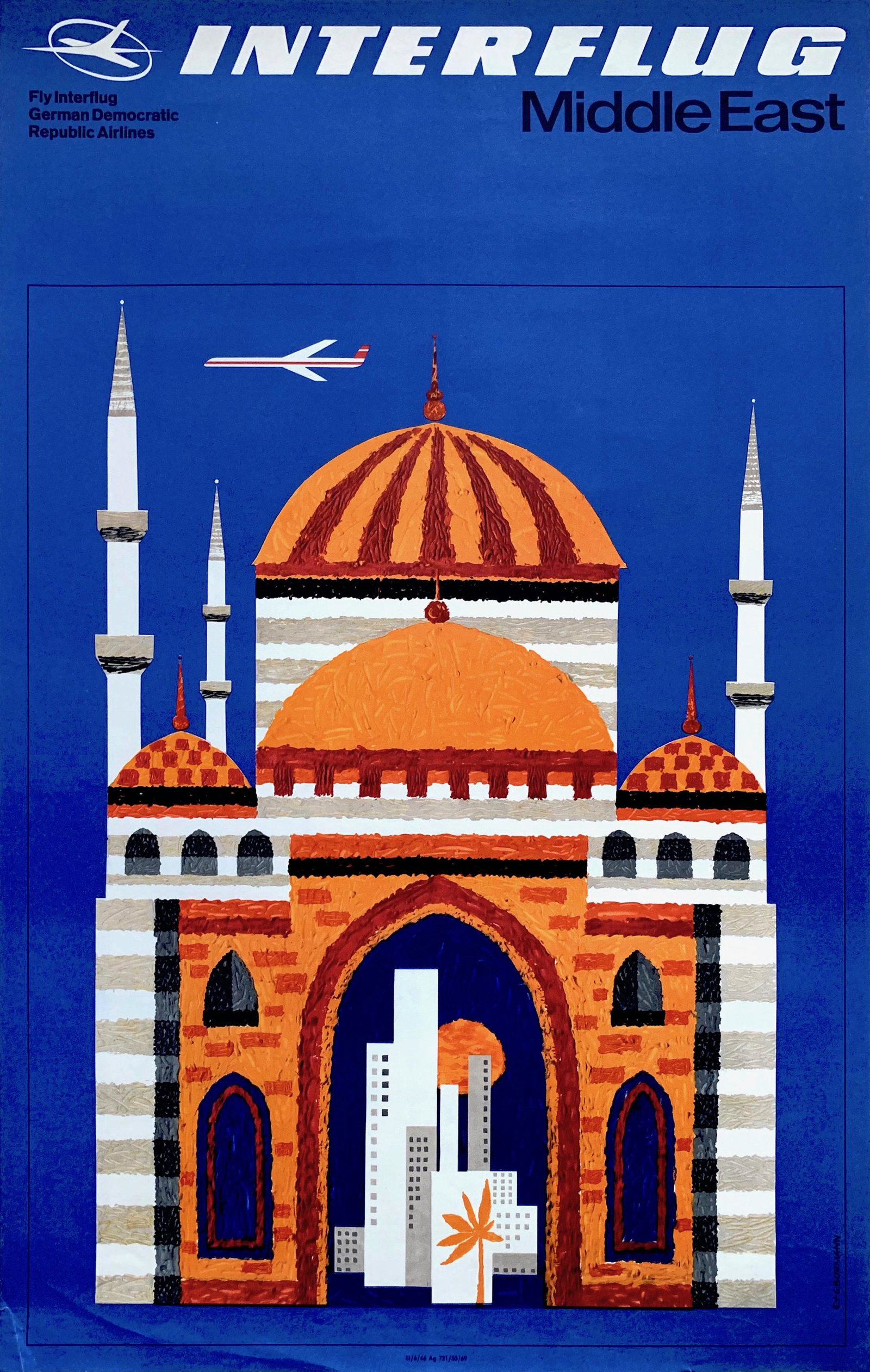 Travel Poster Interflug Airlines Middle East 1960s: Artist: E. + G. Bormann. Year: 1960s. Size: cca. 42 x 67 cm. Condition: Fine, creasing at the bottom. Vintage German Mid-century modern airline travel poster. Interflug was the national airline of the