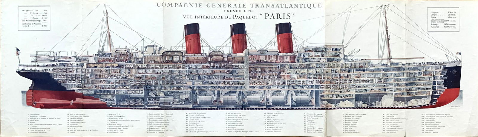 Travel Poster SS Paris - French Line Sectional View: Artist: Albert Sebille. Year: 1921. Size: cca. 115 x 39 cm. Condition: The condition is very good and the colors are bright. The cutaway is fully intact with no stains or marks. There are a couple of
