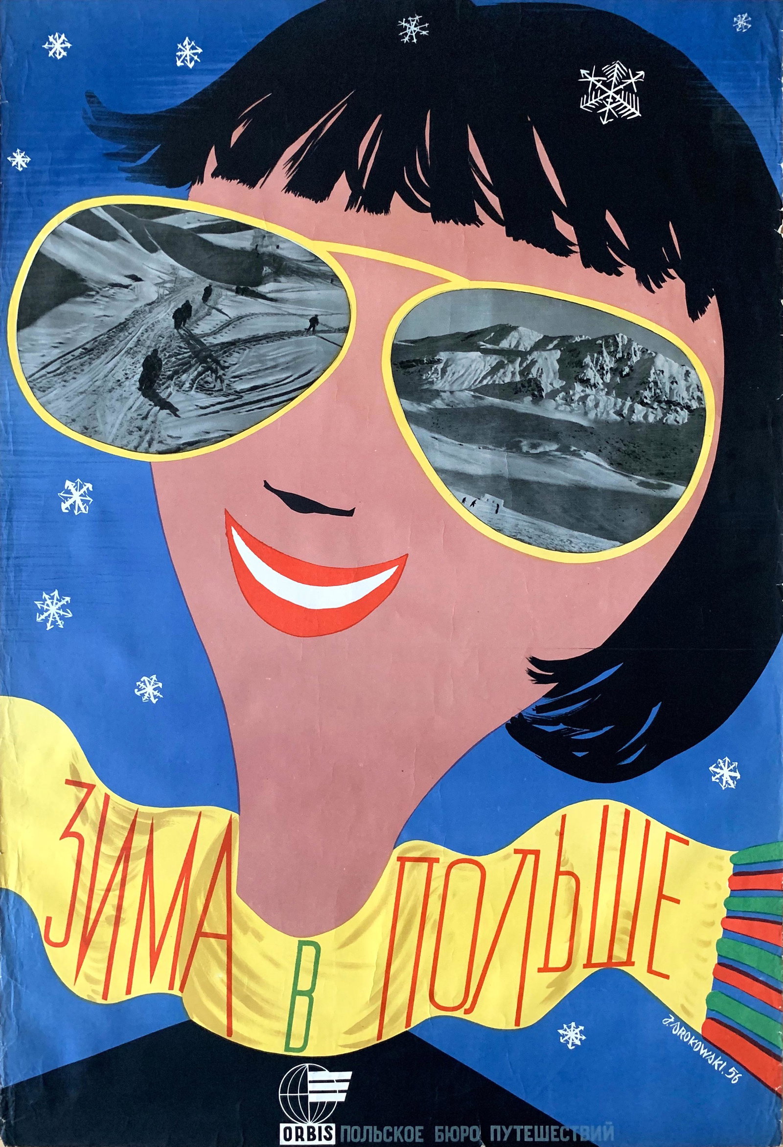 Travel Poster Winter in Poland 1956: Artist: Jerzy Srokowski. Year: 1956. Size: cca. 70 x 100 cm. Condition: Fine, light wear, small tears. Winter in Poland is a 1956 vintage Polish travel poster with Russian text designed by Jerzy Sroko