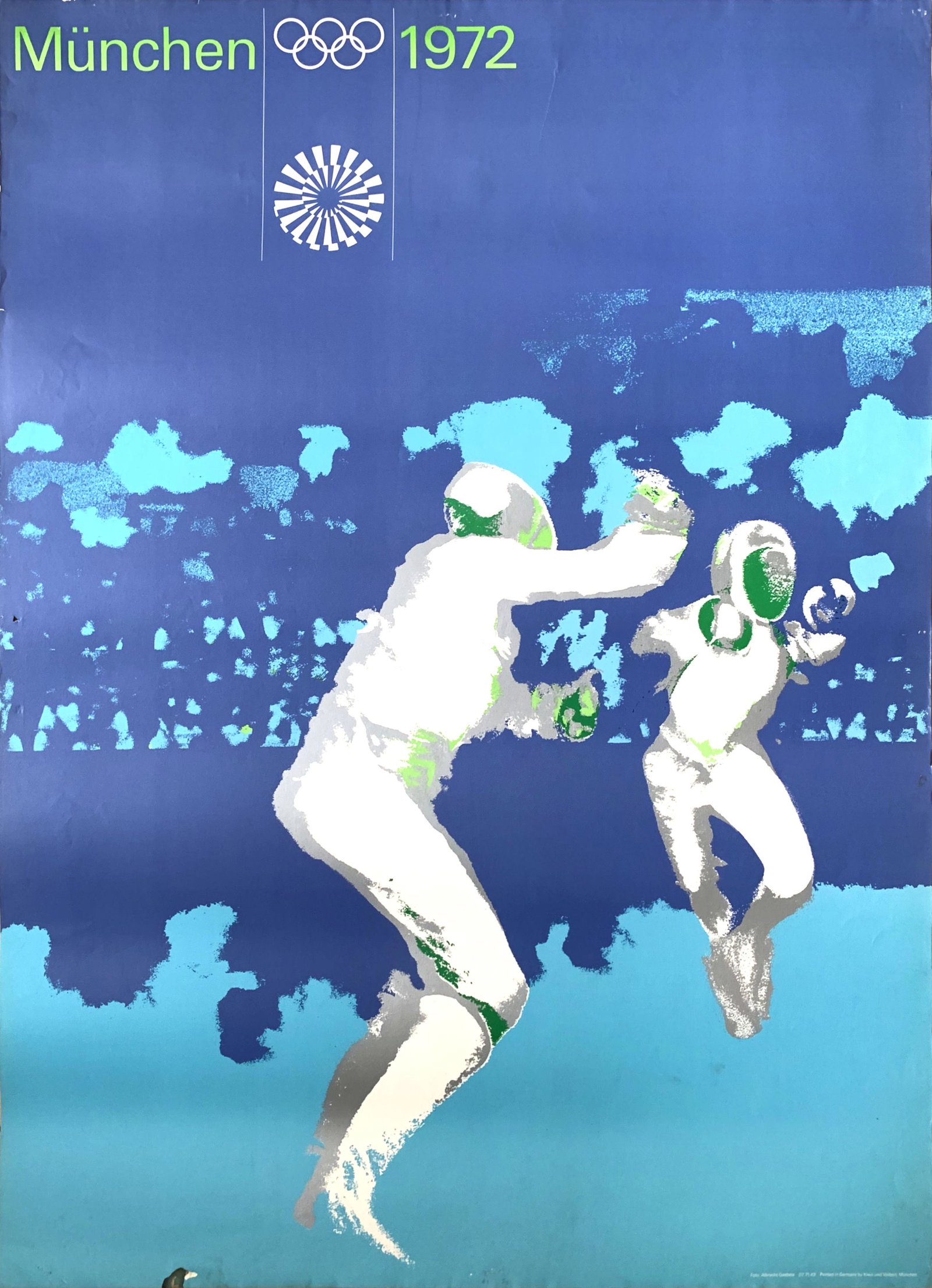 Sport Poster Fencing - 1972 Summer Olympics Munich: Artist: Otl Aicher. Year: 1972. Size: cca. 84 x 118 cm. Condition: Very good, small tears, staining, creasing. Original vintage sport advertising poster for the 1972 Olympic Games in Munich (Munchen).