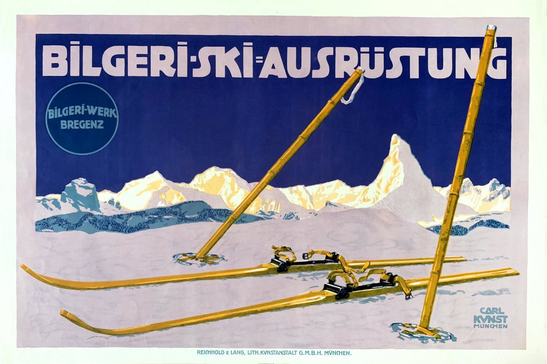 Advertising Poster Bilgeri Skiing Equipment: Artist: Carl Kunst. Year: around 1910. Size: cca. 76 x 51 cm. Condition: Fine, light wear. Bilgeri skiing equipment is an original vintage poster from around 1910 designed by Carl Kunst. This elegant