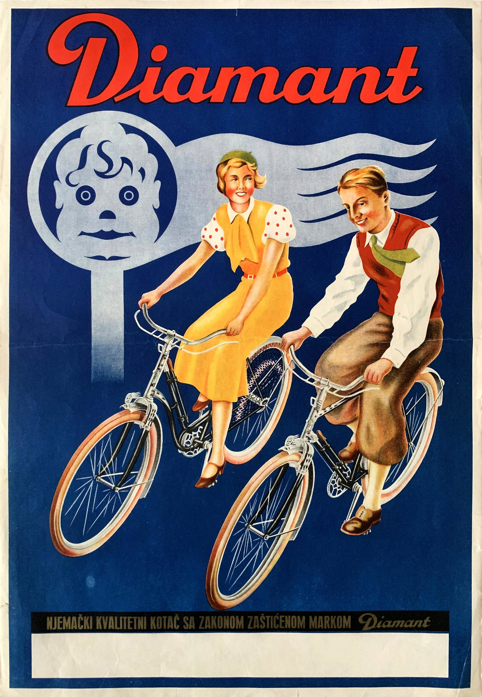 Advertising Poster Art Deco Diamant Bicycle 1930s: Artist: unknown. Year: 1930s. Size: cca. 31 x 48 cm. Condition: Fine, light wear. Diamant bicycles is a vintage Yugoslavian cycling commercial Art Deco advertising poster from the 1930s.