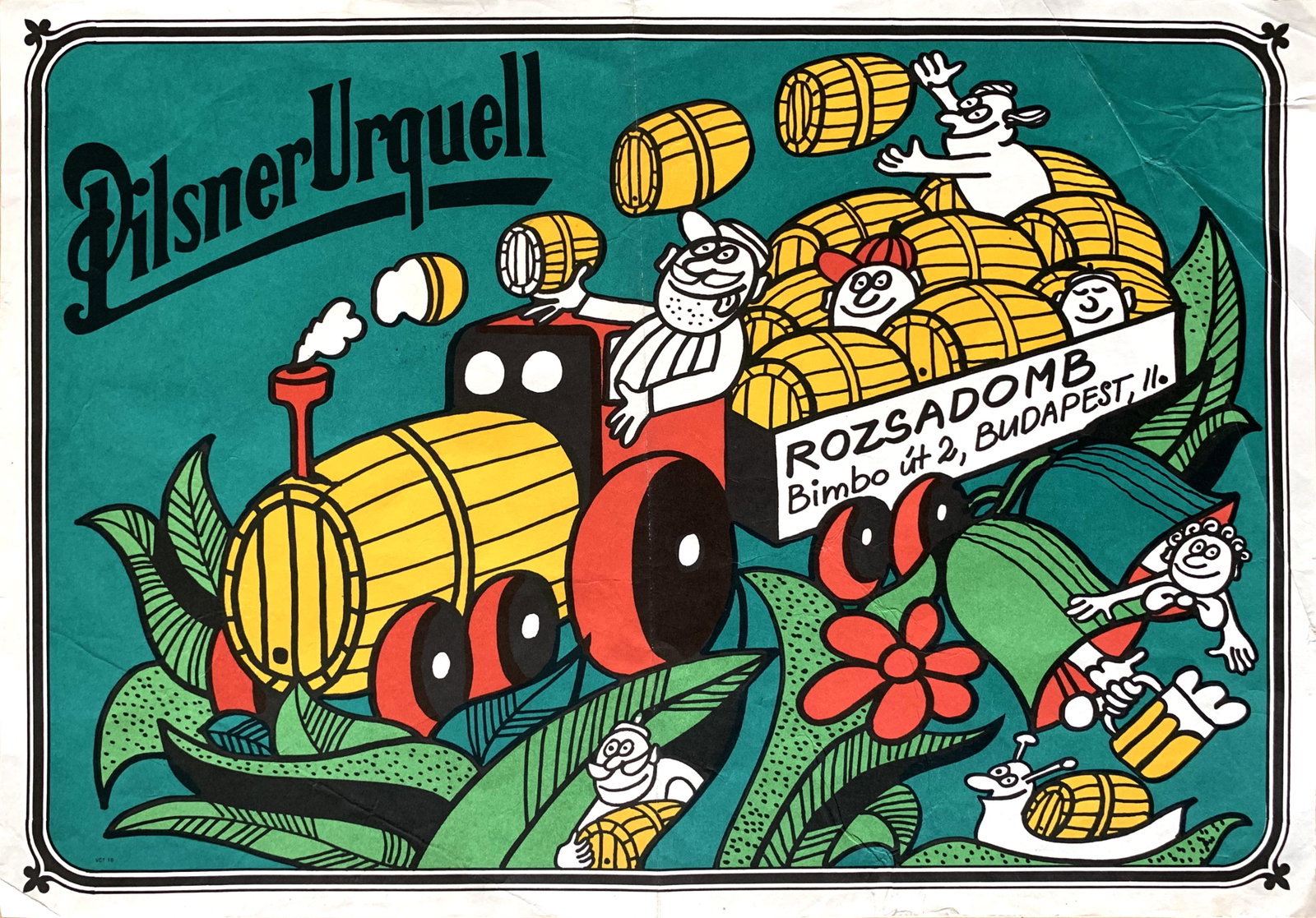 Advertising Poster Pilsner Urquell Beer: Artist: unknown. Year: around 1980. Size: cca. 42 x 30 cm. Condition: Fine, light fold mark, creasing. Vintage Hungarian commercial advertising poster. Pilsner Urquell (Czech: PlzeÅˆskÃ½ prazdroj)