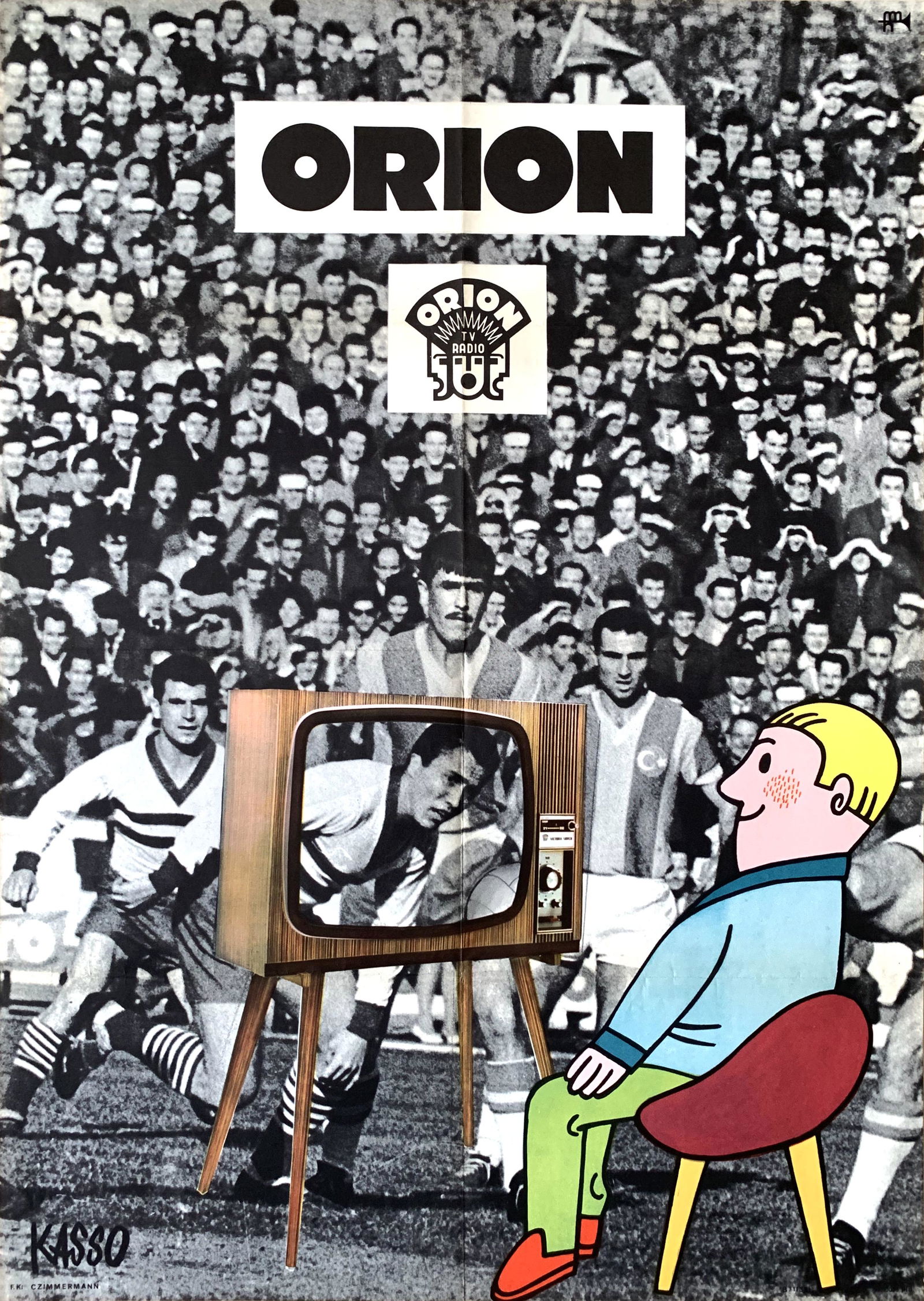 Advertising Poster Orion Television - Football Match: Artist: Felix Kassowitz. Year: 1971. Size: cca. 59 x 84 cm. Condition: Fine, light fold marks and wear. Vintage Hungarian TV advertising poster for Orion, bringing a soccer game in your home.