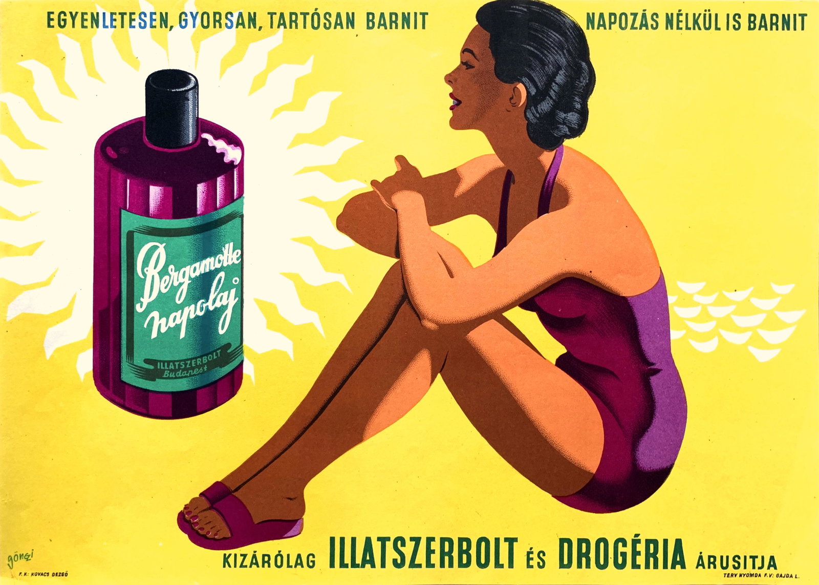 Advertising Poster Bergamotte Suntan Oil 1958: Artist: Tibor Gonczi Gebhardt. Year: 1958. Size: cca. 35 x 25 cm. Condition: Fine, light wear. Spectacular vintage Hungarian Mid-century modern commercial advertising fashion poster for a suntan oil c