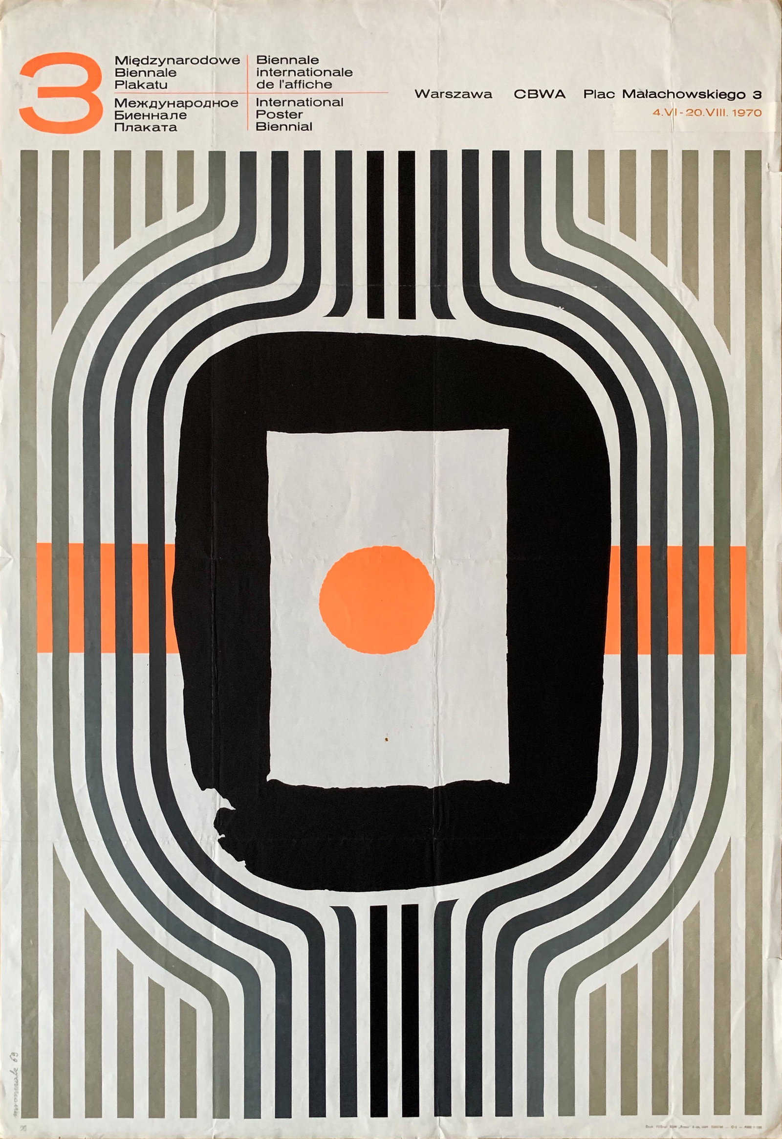 Advertising Poster Third International Poster Biennial: Artist: Jozef Mroszczak. Year: 1970. Size: cca. 70 x 100 cm. Condition: Fine, light fold marks and wear, small tears. Decorative Mid-century modern poster by a Polish graphic designer, JÃ³zef Mroszc