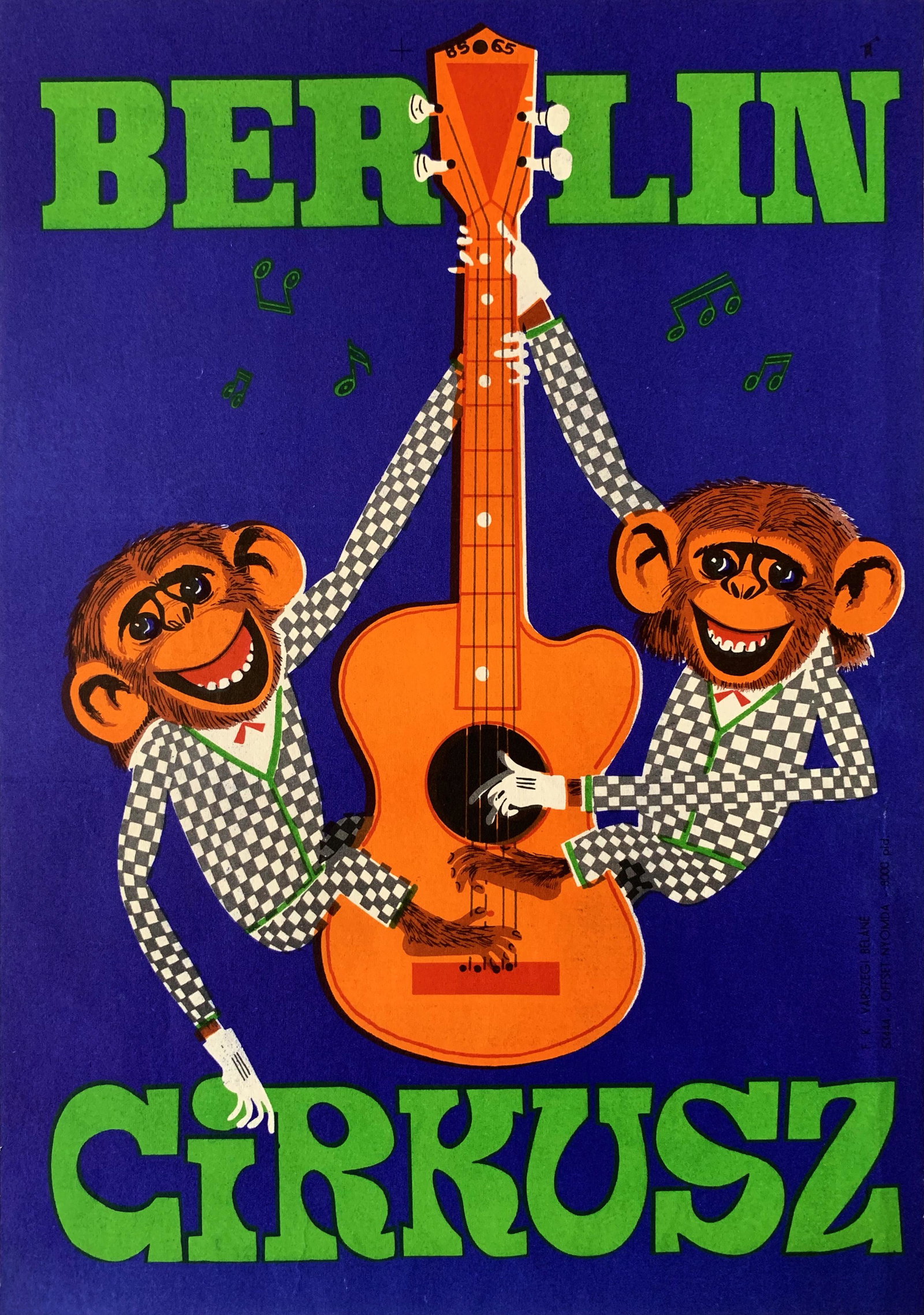 Advertising Poster Circus Berlin Circus 1965: Artist: Sandor Benko. Year: 1965. Size: cca. 17 x 24 cm. Condition: Fine, light wear. Berlin Circus is a 1965 vintage Hungarian circus poster designed by Sandor Benko, showing two monkeys wearing chec