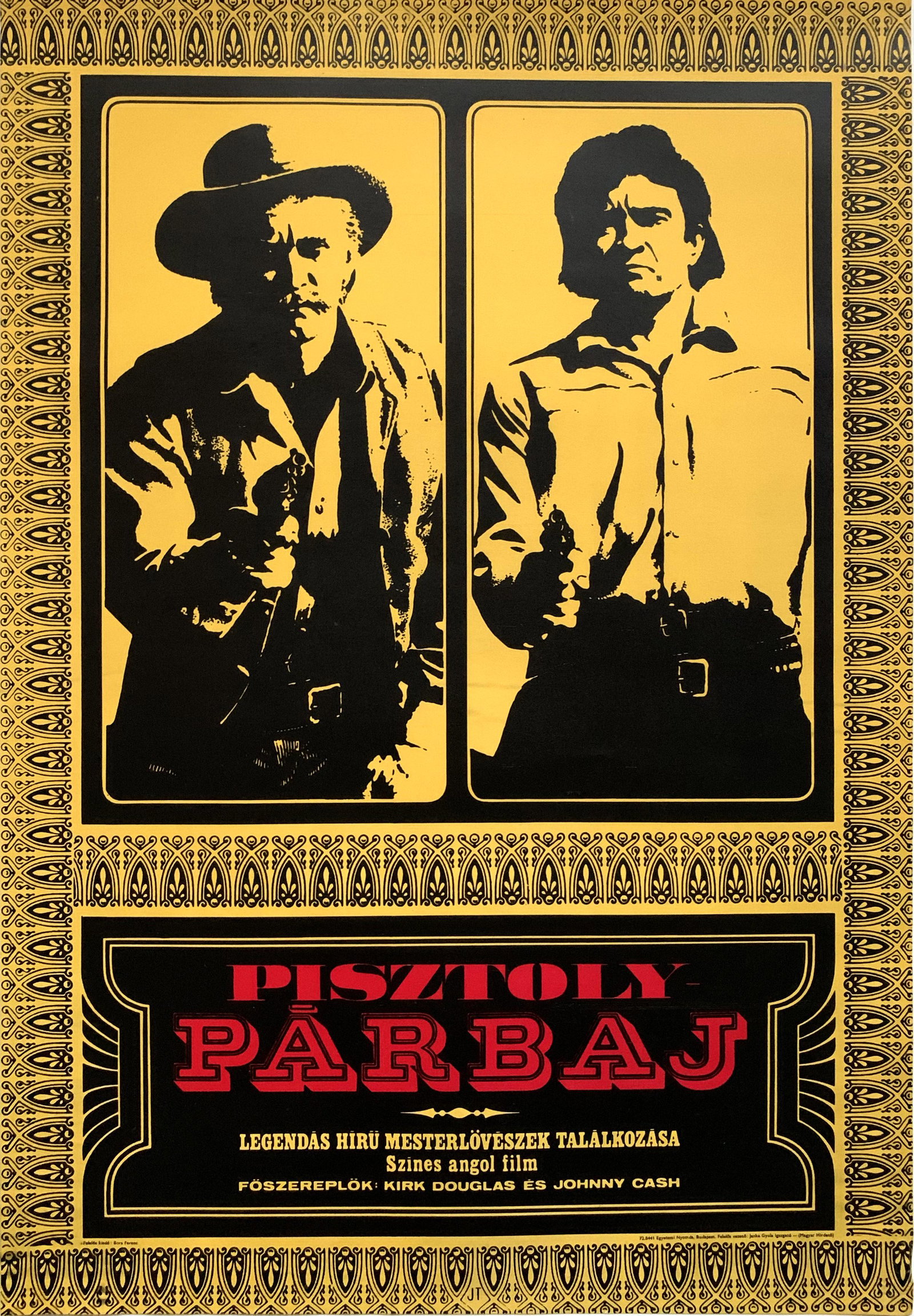 Movie Poster Western A Gunfight 1972: Artist: Tibor Jakfalvy. Year: 1972. Size: cca. 59 x 84 cm. Condition: Fine, light fold marks and wear. Vintage Hungarian movie poster. A Gunfight is a Western movie from 1971 directed by Lamont Johnso