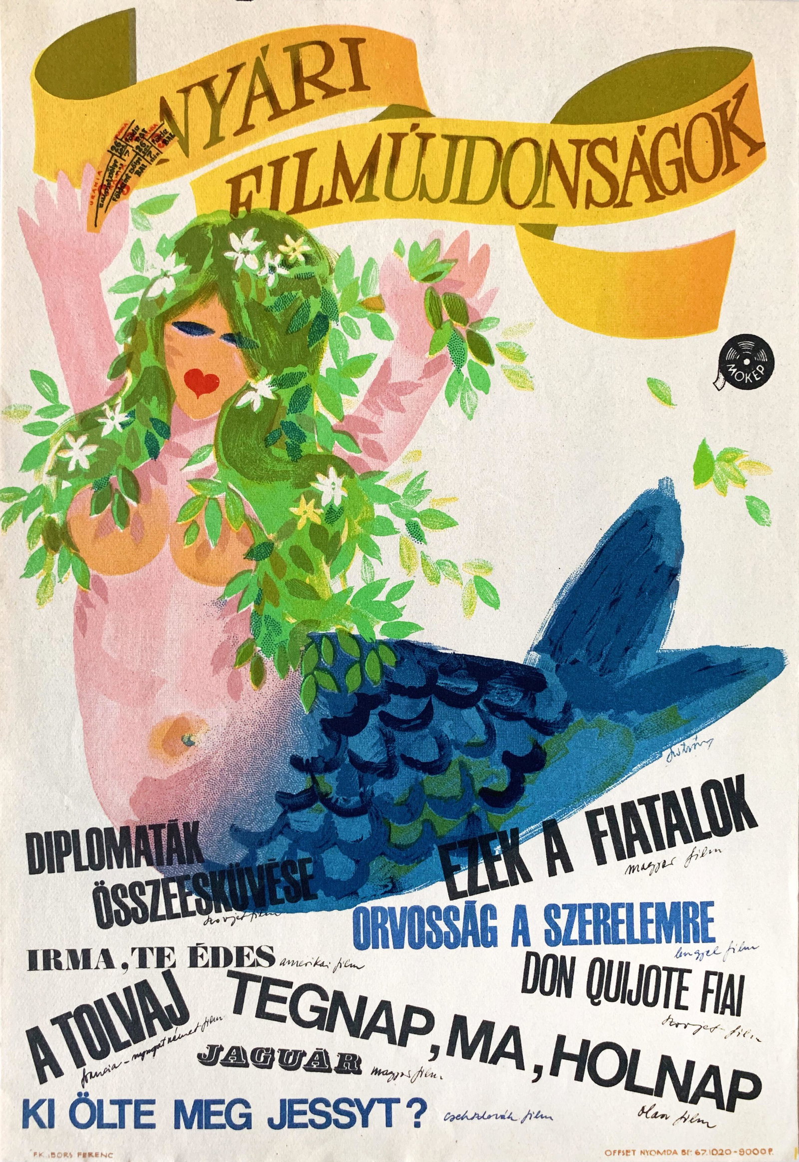 Movie Poster New summer feature films 1967: Artist: Nandor Szilvasy. Year: 1967. Size: cca. 17 x 24 cm. Condition: Fine, light wear. Vintage Hungarian movie advertising poster depicting a mermaid.