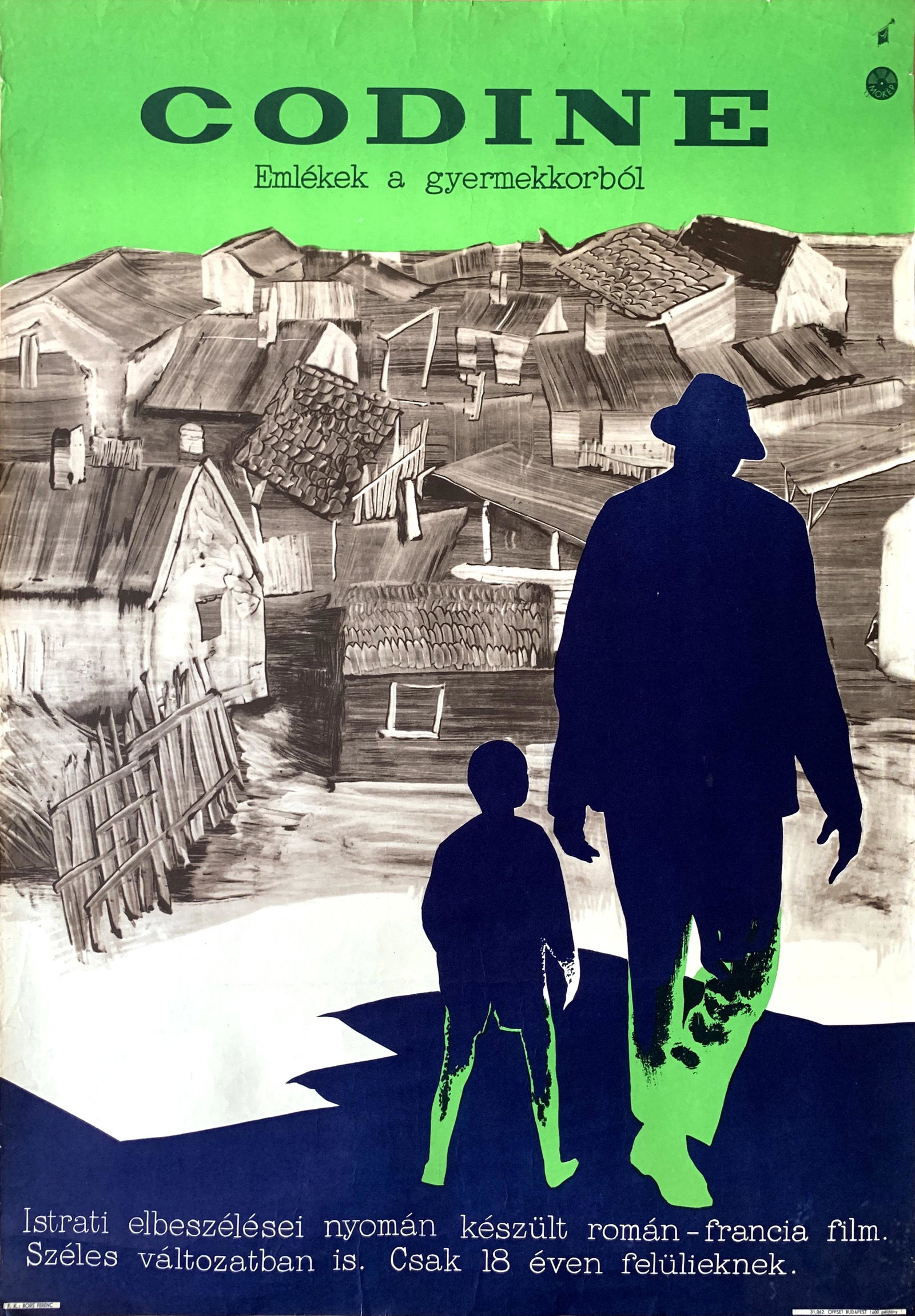 Movie Poster Codine 1964: Artist: Tibor Csernus. Year: 1964. Size: cca. 59 x 84 cm. Condition: Fine, light wear, small tears. Vintage Hungarian movie poster for a Romanian film. An ex-convict struggles to survive by brute forc
