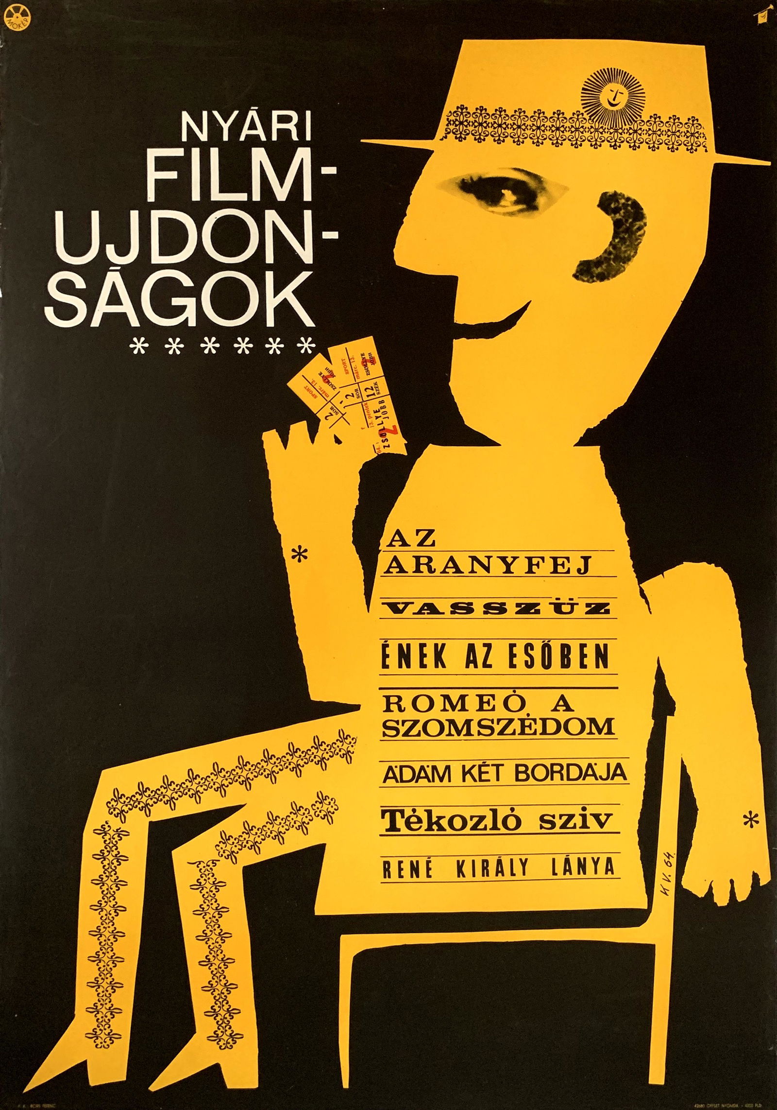 Movie Poster New Summer Feature Films - Singin' In The: Artist: Vilmos Kovacs. Year: 1964. Size: cca. 59 x 84 cm. Condition: Fine, light wear. New summer feature films 1964 is a 1964 vintage Hungarian movie advertising poster designed by Vilmos Kovacs. The