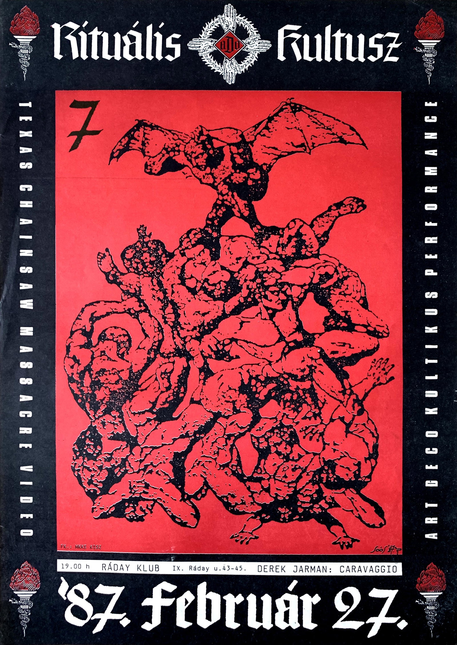 Advertising Poster Music Ritual Cult event 1987: Artist: 'SoÃ³s'. Year: 1987. Size: cca. 39,5 x 55,5 cm. Vintage Hungarian underground art music concert poster. Poster promoting an event called 'Ritual Cult' in RÃ¡day Club. Art Deco cultic perfo