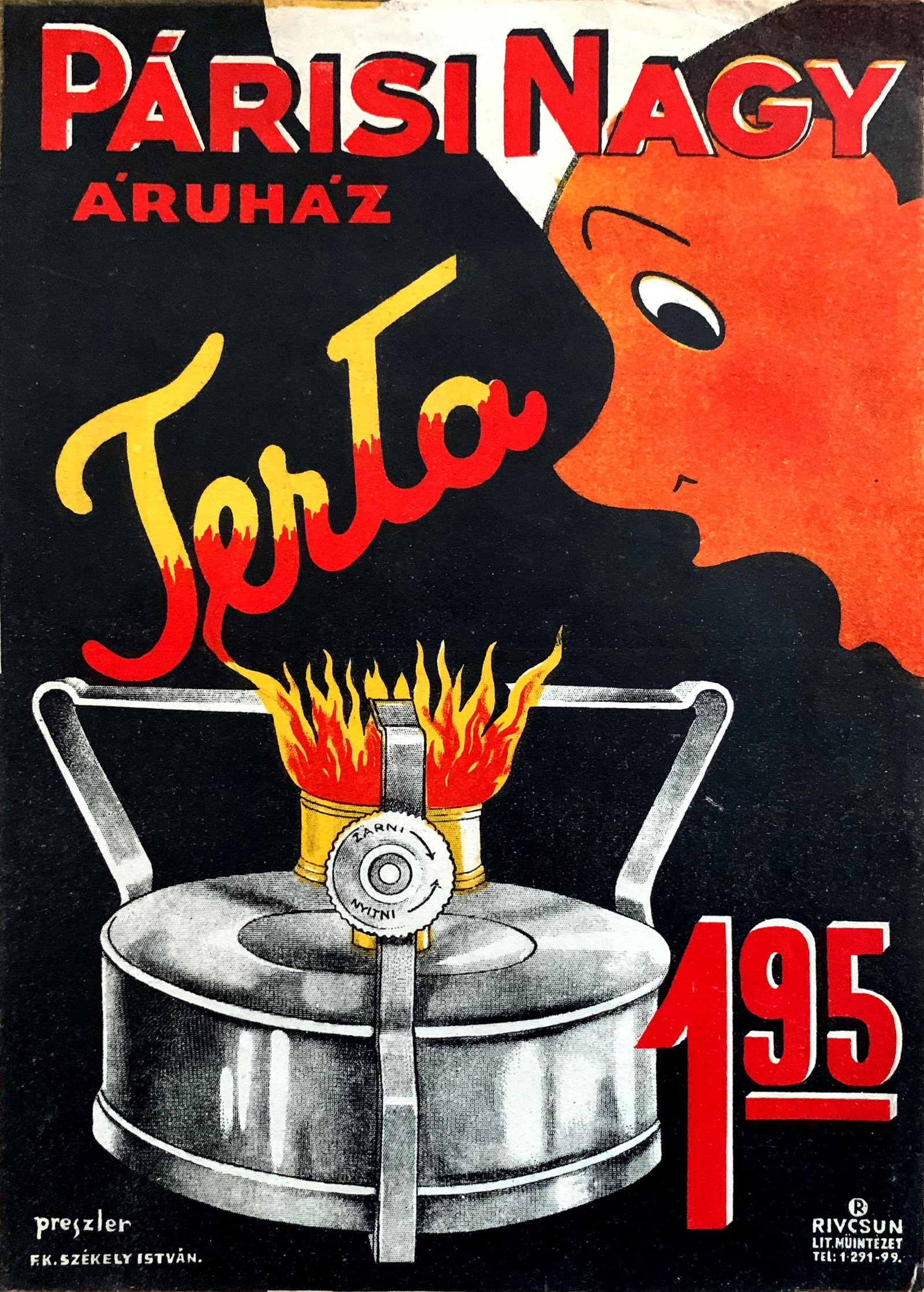 Advertising Poster Terta Portable Gas Stove 1930s -: Artist: Marianne Preszler. Year: 1930s. Size: cca. 24 x 17 cm . Condition: Fine, light wear. The Parizsi Nagyaruhaz (Paris Grand Department Store), which opened in 1910, was the first significant depa
