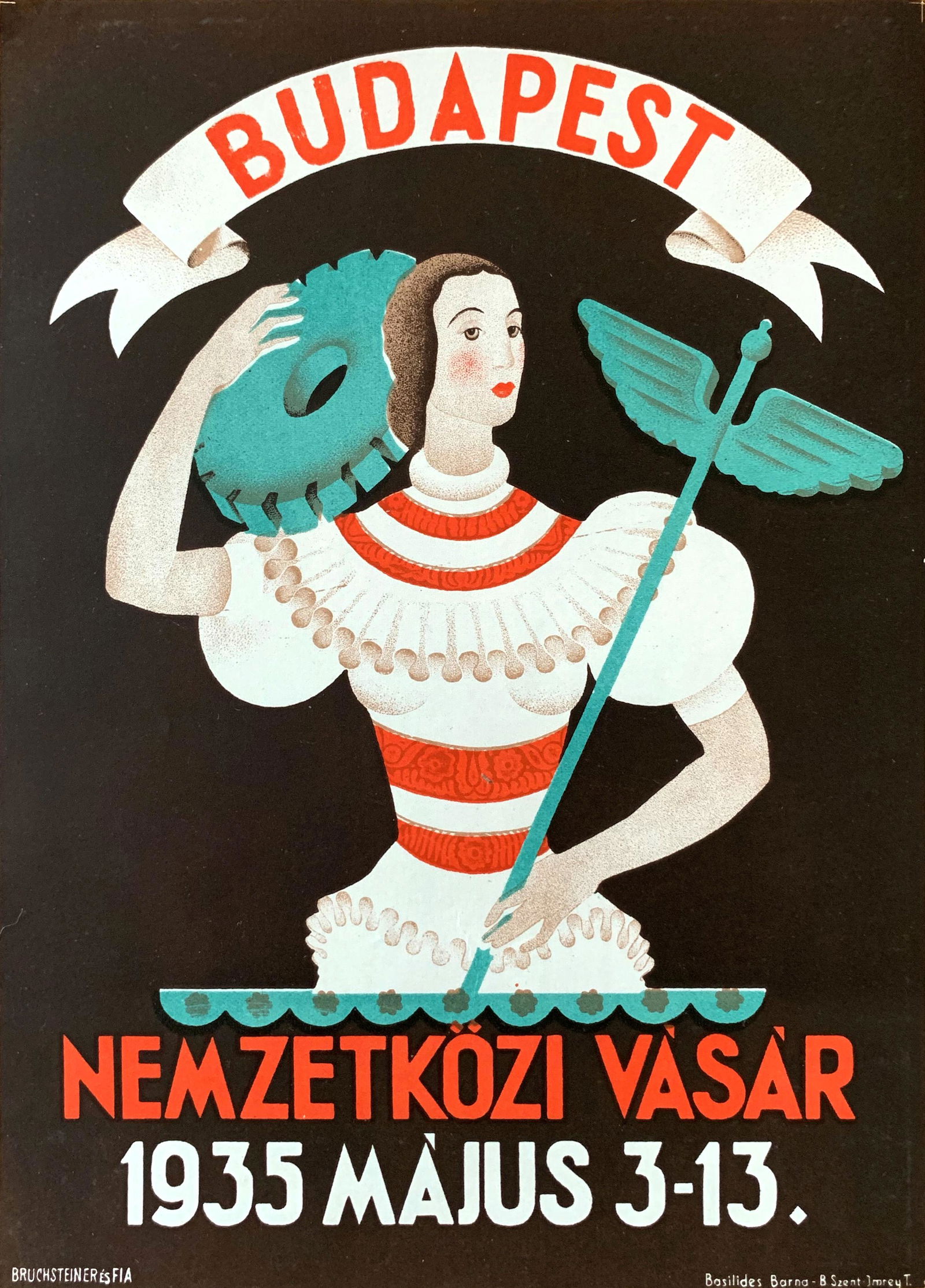 Advertising Poster Budapest International Fair 1935: Artist: Barna Basilides. Year: 1935. Size: cca. 24 x 17 cm. Condition: Fine, light wear.