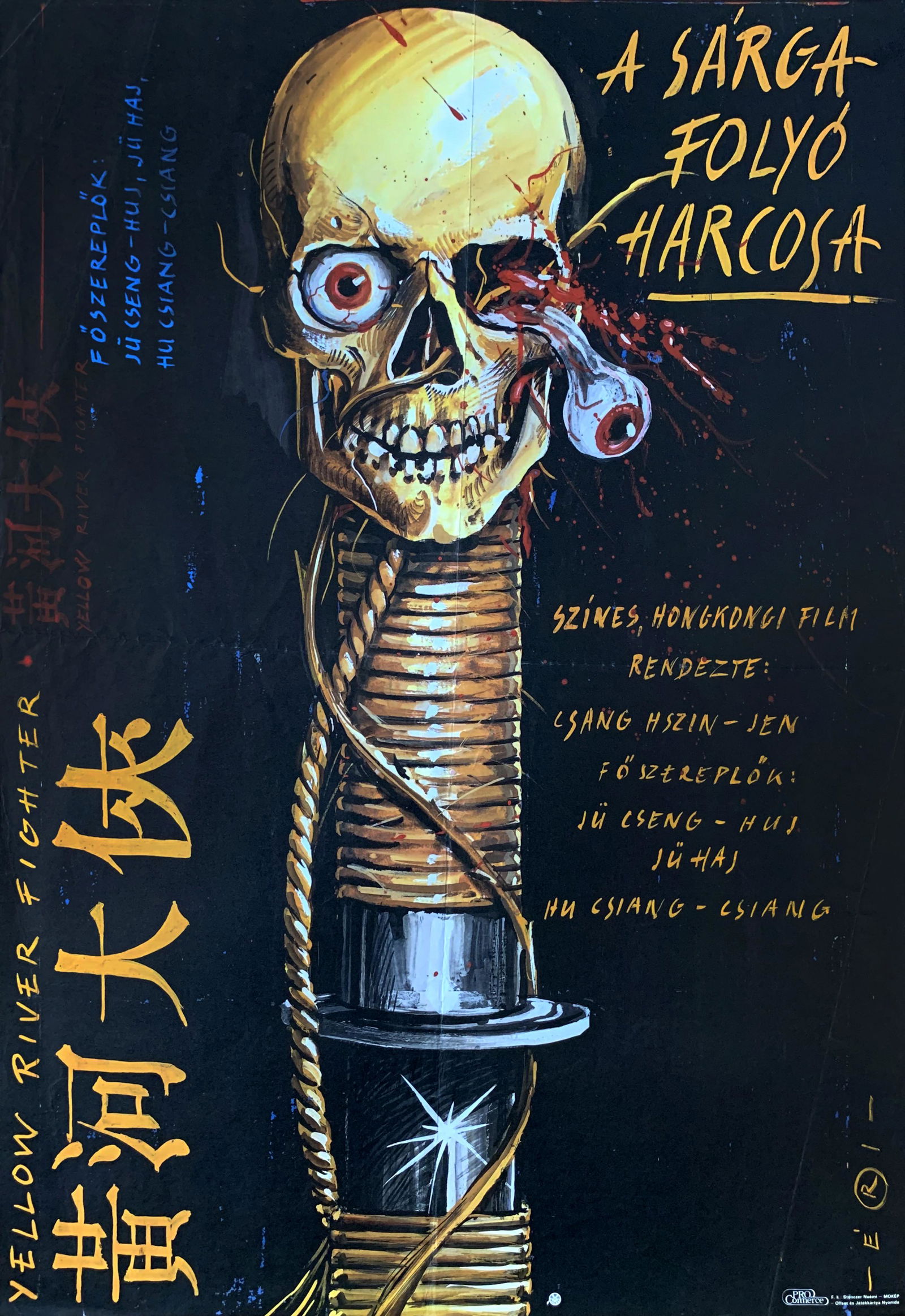 Movie Poster Yellow River Fighter 1989: Artist: Tamas Eri Jeno. Year: 1989. Size: cca. 59 x 84 cm. Condition: light wear and fold marks. Original vintage Hungarian first release film poster. Chinese film. Original title: Huang he da xia. In