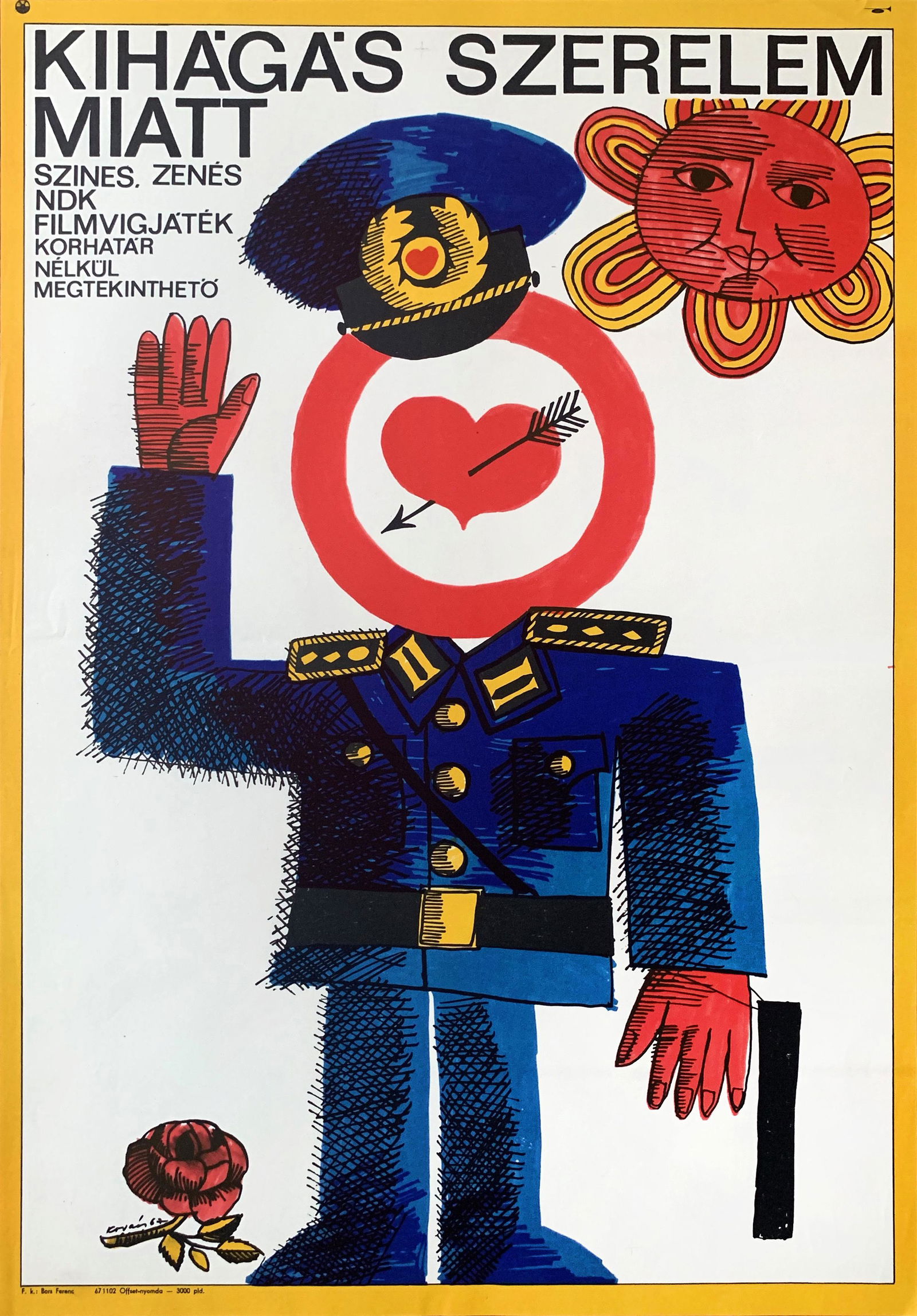 Movie Poster Tresspass Because of Love 1967: Artist: Vilmos Kovacs. Year: 1967. Size: cca. 42 x 59 cm. Condition: Fine, light wear and fold marks, small tears. Vintage Hungarian advertising poster. Poster for a GDR music comedy from the 1960s. T