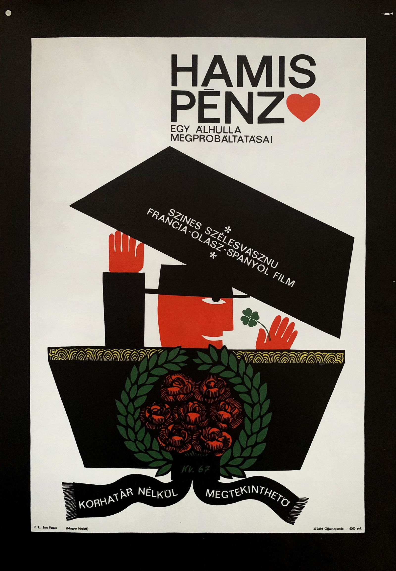 Movie Poster Monkey Money 1967: Artist: Vilmos Kovacs. Year: 1967. Size: cca. 42 x 59 cm. Condition: Fine, light wear and fold marks, small tears. Vintage Hungarian advertising poster. Decorative poster by Vilmos Kovacs, for an Ital