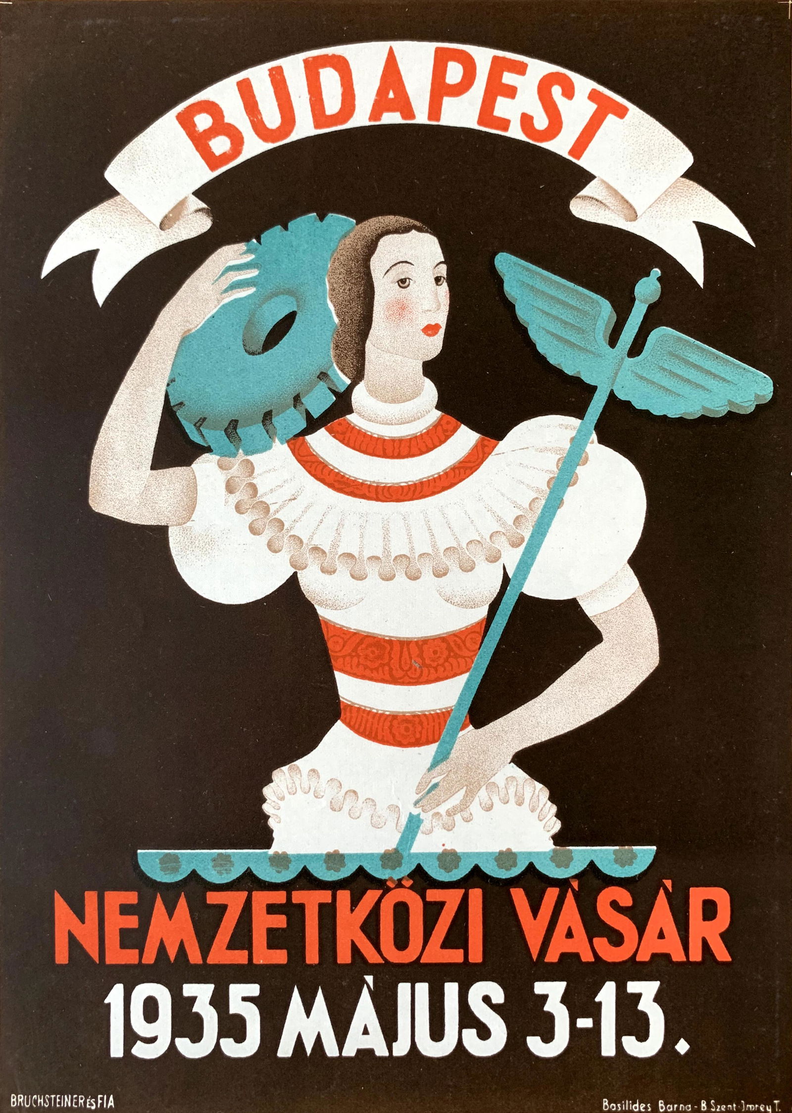 Poster Budapest International Fair 1935: Artist: Barna Basilides. Year: 1935. Size: cca. 24 x 17 cm. Condition: Fine, light wear, some abraisons on the back. Vintage Hungarian Modernist Art Deco advertising tram poster.