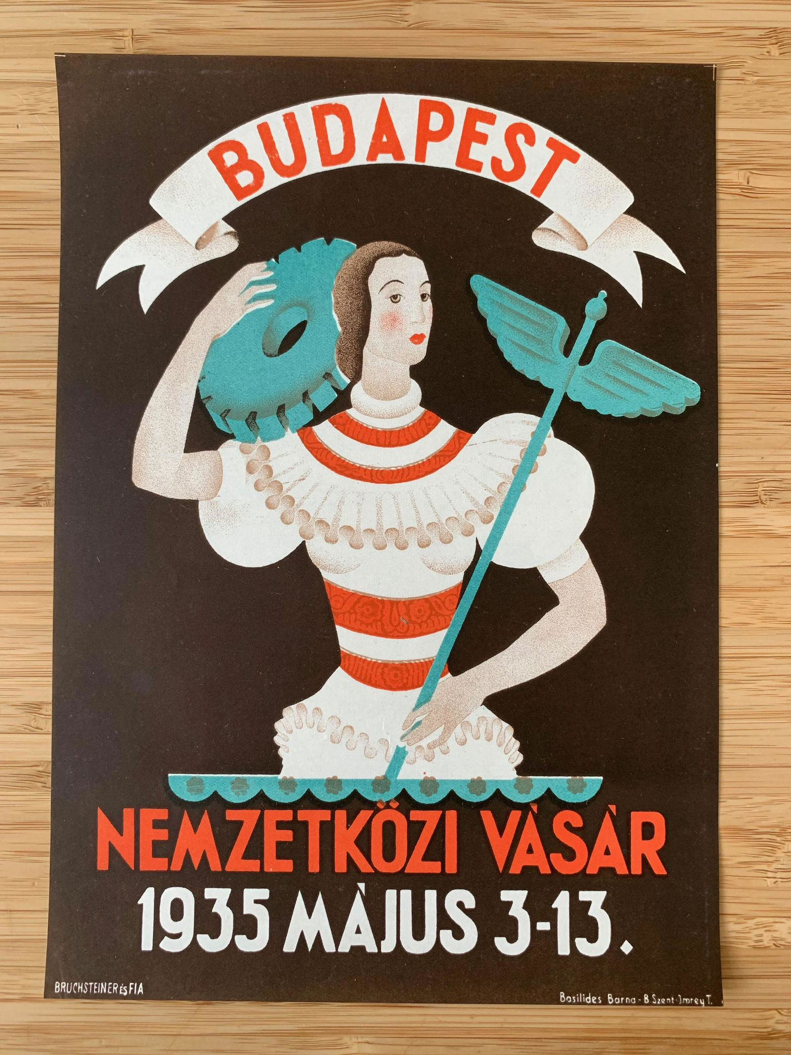 Advertising Poster Budapest International Fair 1935: Artist: Barna Basilides. Year: 1935. Size: cca. 24 x 17 cm. Condition: Fine, light wear. Art Deco poster. Vintage Hungarian Modernist Art Deco advertising tram poster.
