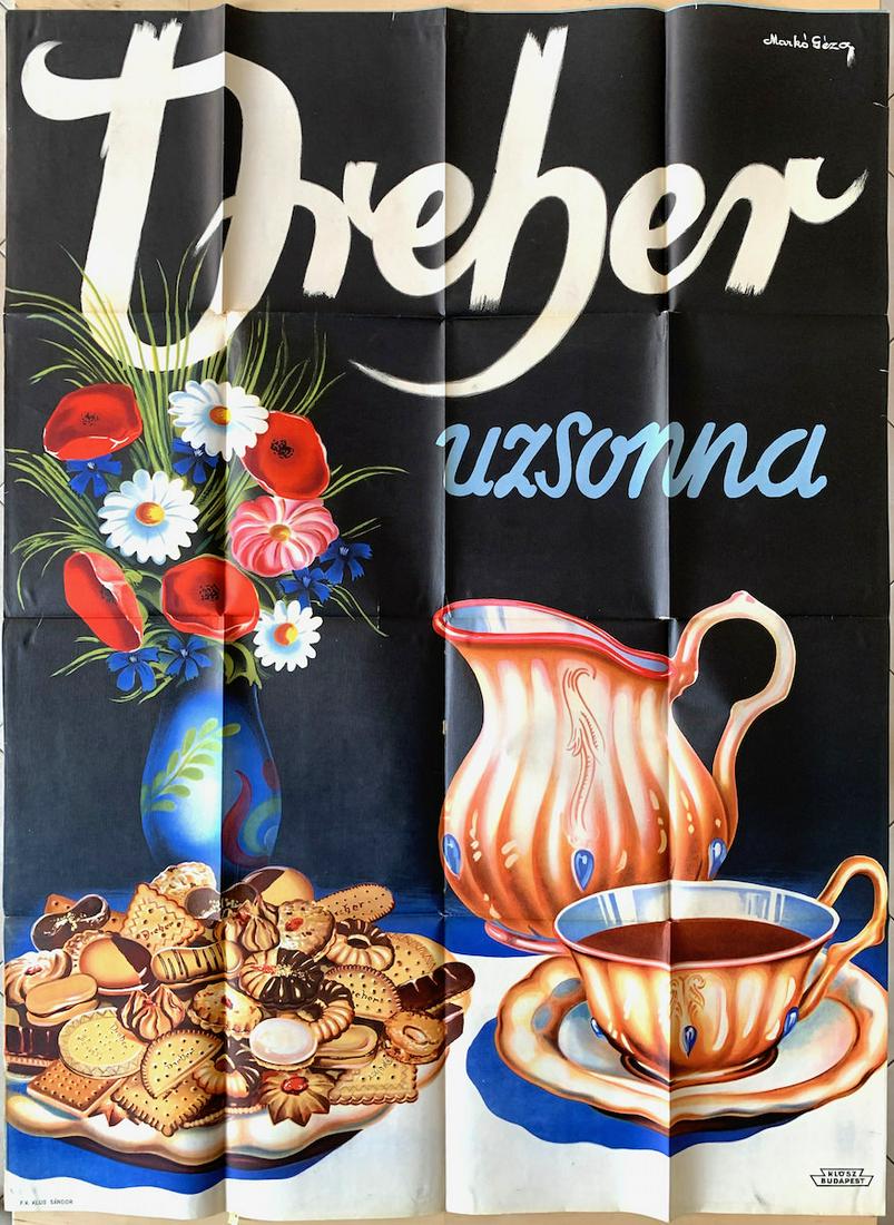 Vintage Poster Dreher snacks 1939: Artist: Geza Marko. Year: 1939. Size: cca. 126 x 95 cm. Condition: fold marks and light wear, small tears. Vintage advertising poster.
